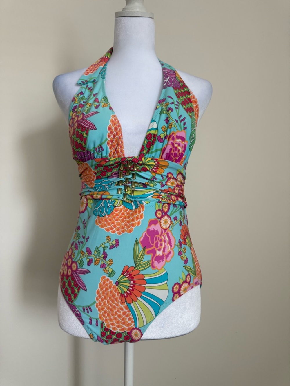 Trina Turk Turquoise Floral Halter One-Piece Swimsuit size 8